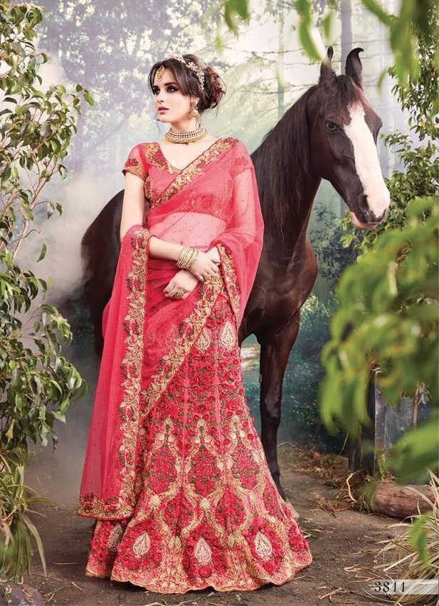 Bridal Lehenga - Digital Net Fabric With Heavy Thread, Zari, Diamond, Sequence, Moti, And Mirror Work | Customized Blouse Up To 42" Size, Unstitched, Embroidered Design