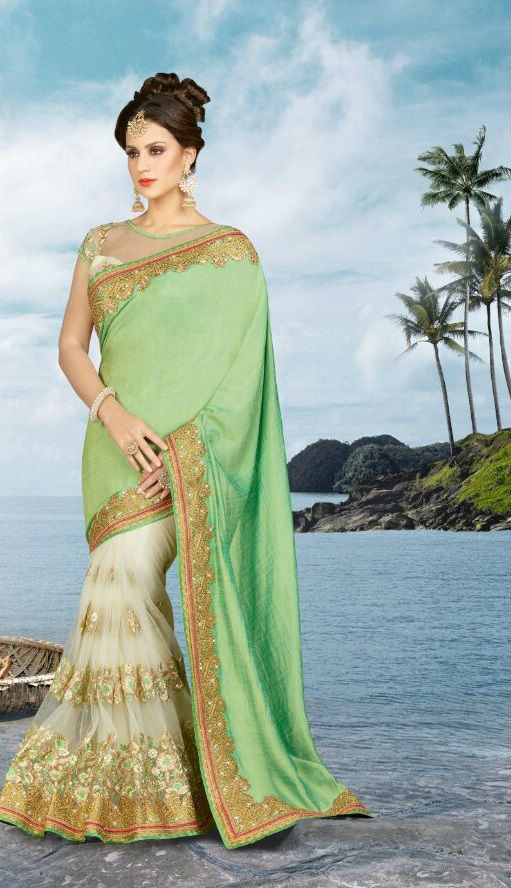 Latest Saree Designs - Georgette Silk Saree, Unstitched Dupion Blouse, Red, Customized Up To 42", Embroidery Work