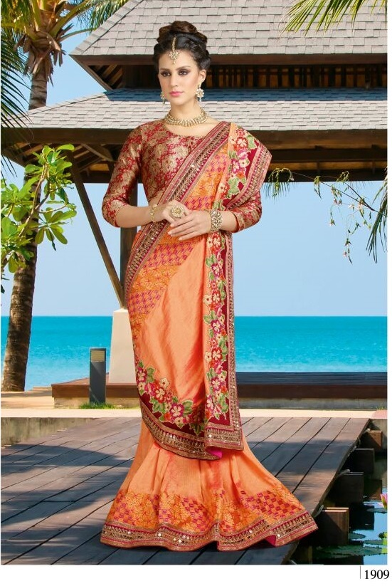 Latest Saree Designs - Georgette Silk Saree, Unstitched Dupion Blouse, Red, Customized Up To 42", Embroidery Work