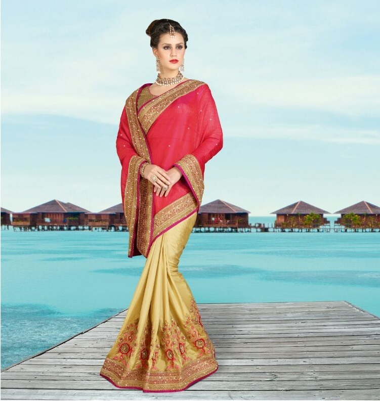 Latest Saree Designs - Georgette Silk Saree, Unstitched Dupion Blouse, Red, Customized Up To 42", Embroidery Work