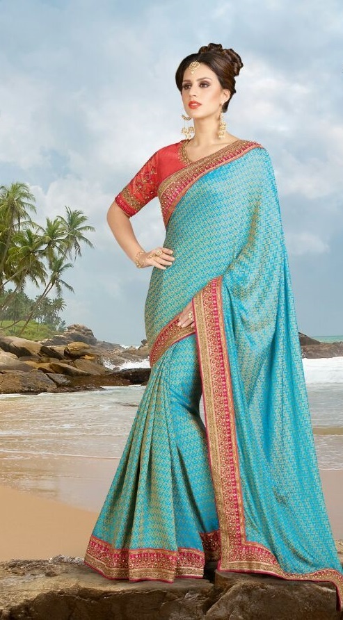 Latest Saree Designs - Georgette Silk Saree, Unstitched Dupion Blouse, Red, Customized Up To 42", Embroidery Work