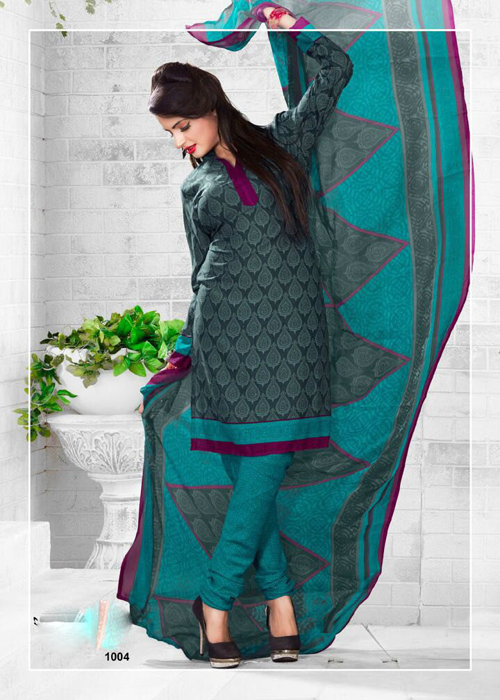 Designer Salwar Kameez - Leon Georgette Top, Santoon Bottom, Silver Chiffon Dupatta | Printed Work, Customizable Up To Size 42