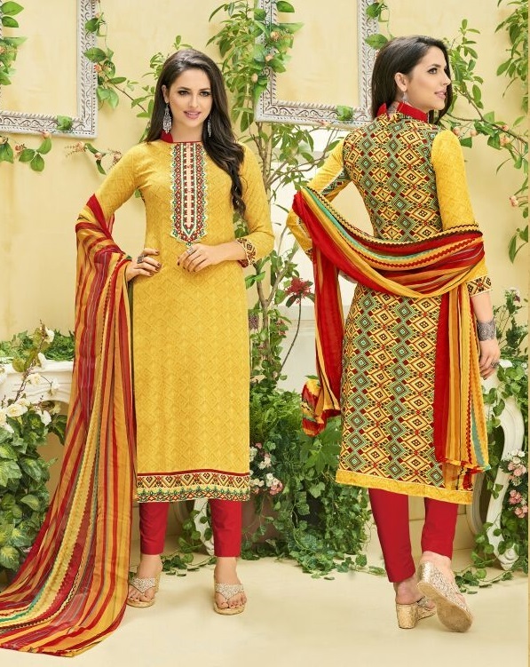 Cotton Embroidered Salwar Kameez - Semi Cotton Top & Bottom, Chiffon Dupatta, Unstitched, Size Up To 42 | Embroidered Pattern, Customized Size