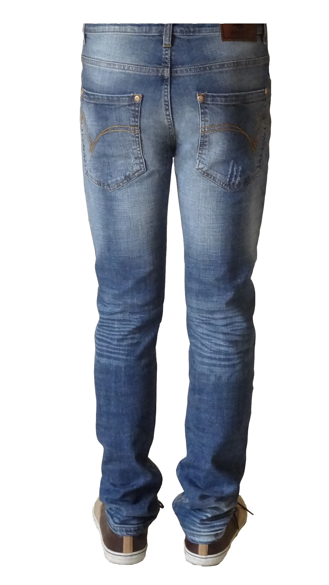 Men's Mid-rise Straight Leg Jeans - 98% Cotton, Navy Blue With Grinding & Whiskering Effects | 5-pocket Design, Copper Rivets, Light Fade Finish