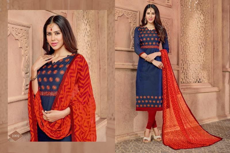 Chanderi Suits - Chanderi Work Top, Cotton Bottom, Chiffon Printed Dupatta With Lace | Casual Ethnic Wear, 3/4th Sleeves, Breathable, Washable, All Season
