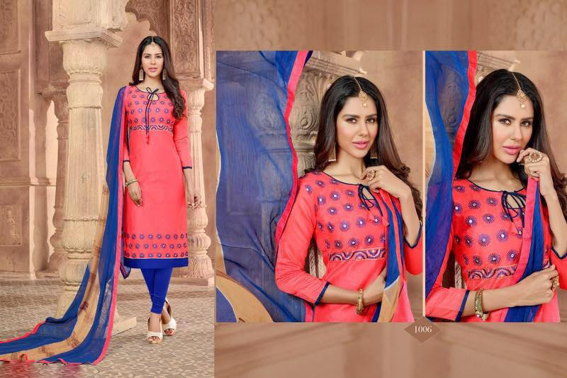 Chanderi Suits - Chanderi Work Top, Cotton Bottom, Chiffon Printed Dupatta With Lace | Casual Ethnic Wear, 3/4th Sleeves, Breathable, Washable, All Season