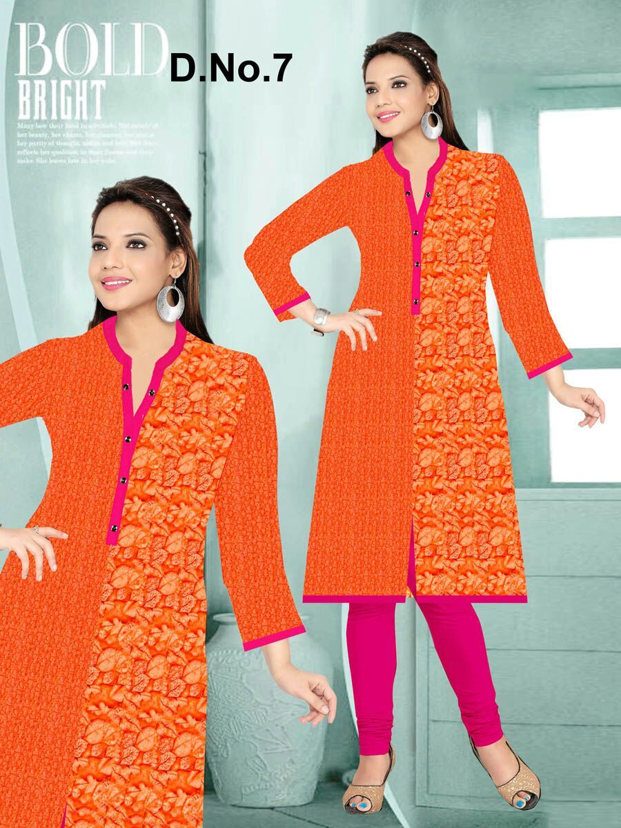 Printed Kurti - Cotton Satin Full Sleeve Floral Print, Sizes L & Xxl, Colors: Orange, Red, Green, Pink | Elegant Collar Neck With Button Detail