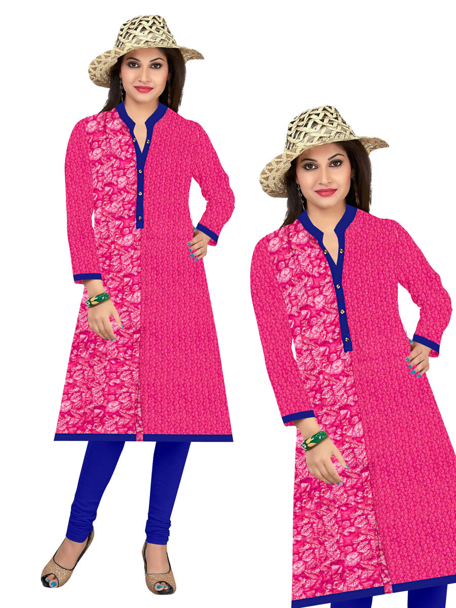 Printed Kurti - Cotton Satin Full Sleeve Floral Print, Sizes L & Xxl, Colors: Orange, Red, Green, Pink | Elegant Collar Neck With Button Detail