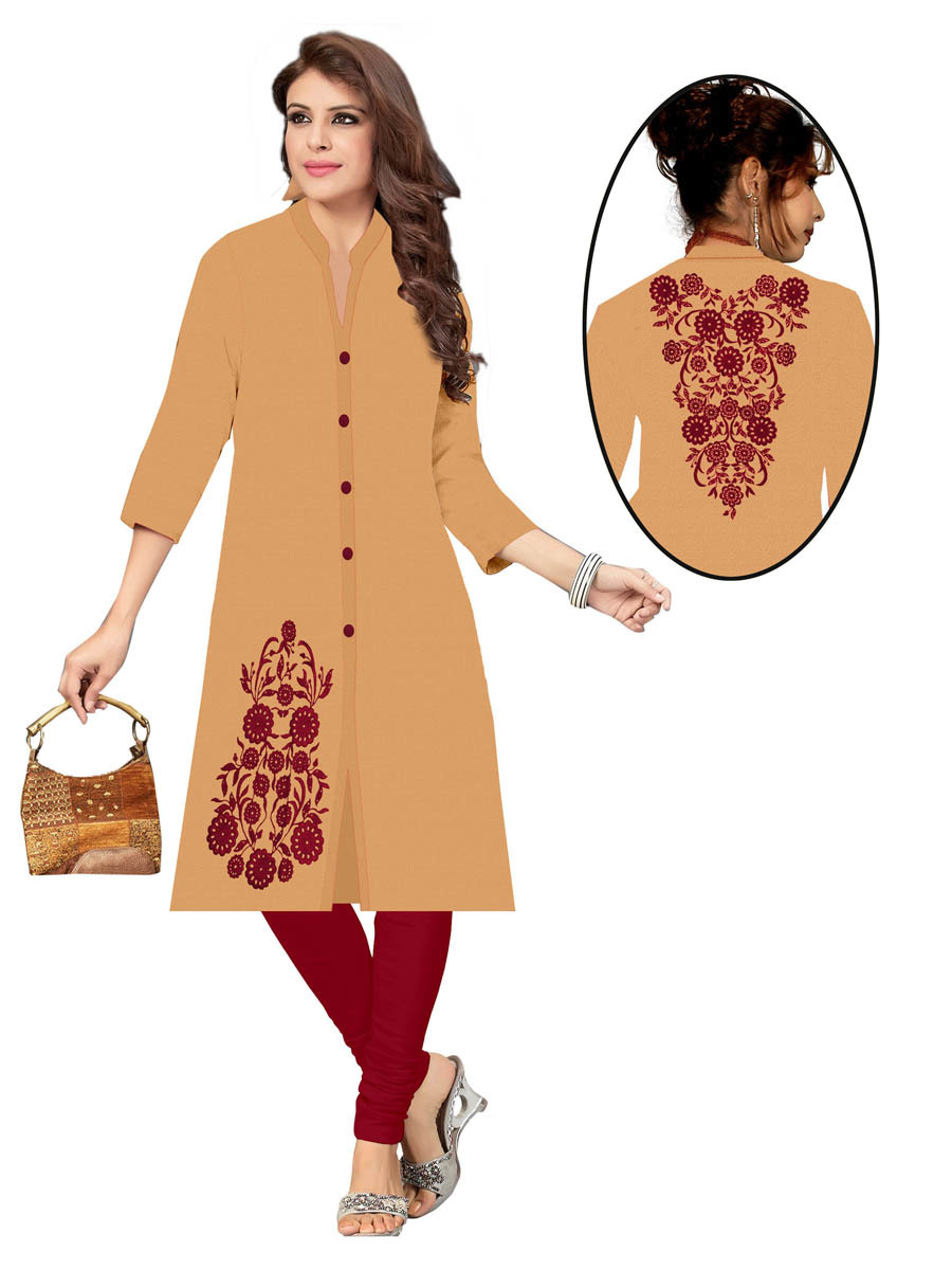 Rayon Kurti - Casual & Party Wear, Size {L, Xxl} | Exotic Pink With Blue Floral Embroidery, Long Sleeves, Round Collar, Washable
