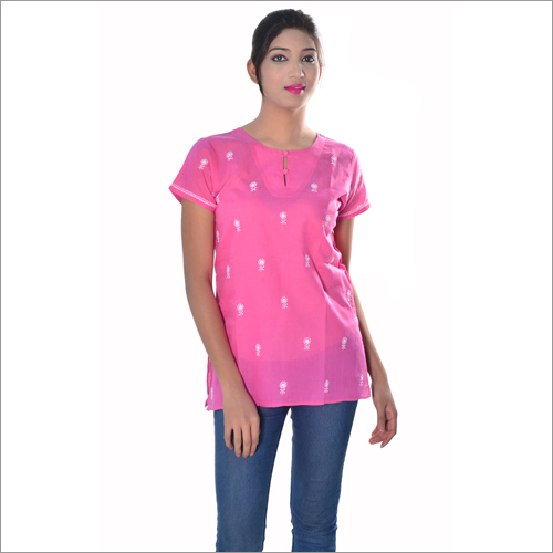 गुलाबी सूती शॉर्ट कुर्ता