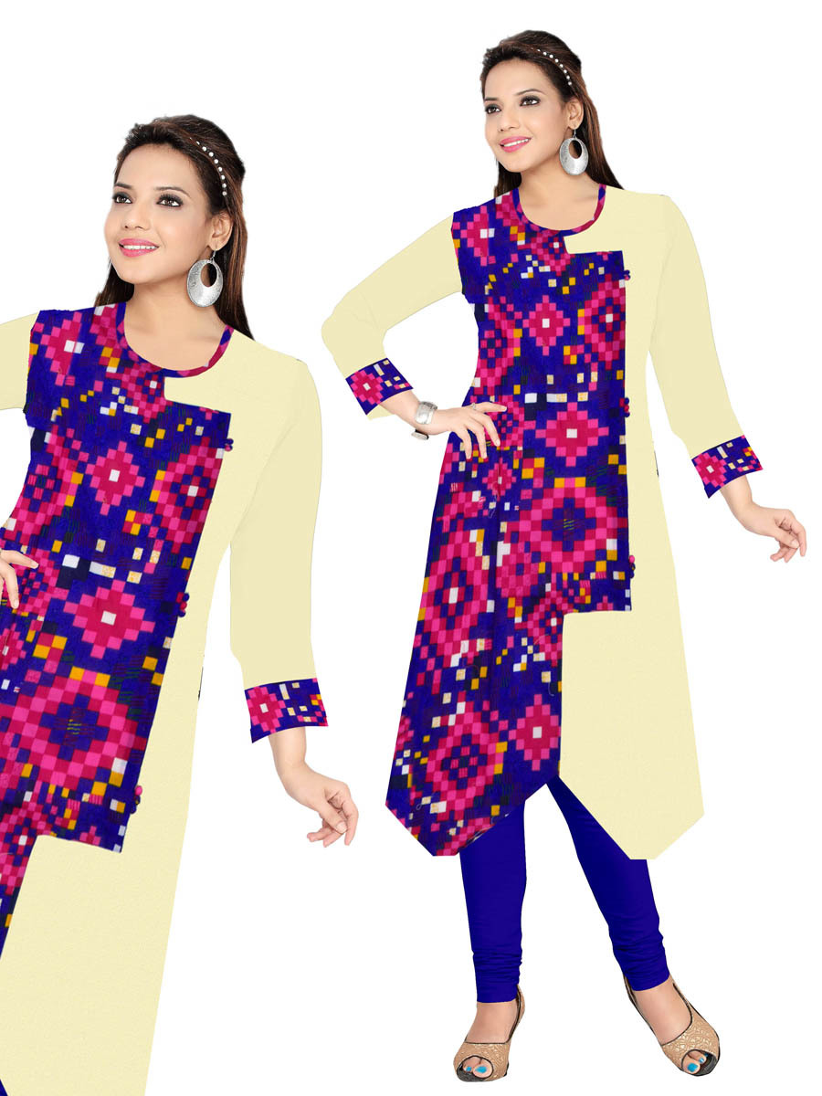 Printed Kurti - Cotton, Size L/xxl | Cream Color With Multicolor Checks Print, Full Sleeves, Round Neck, Daily Wear And Formal Style
