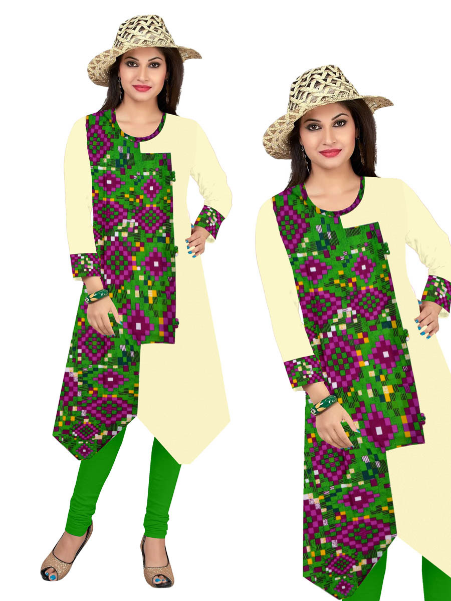 Printed Kurti - Cotton, Size L/xxl | Cream Color With Multicolor Checks Print, Full Sleeves, Round Neck, Daily Wear And Formal Style