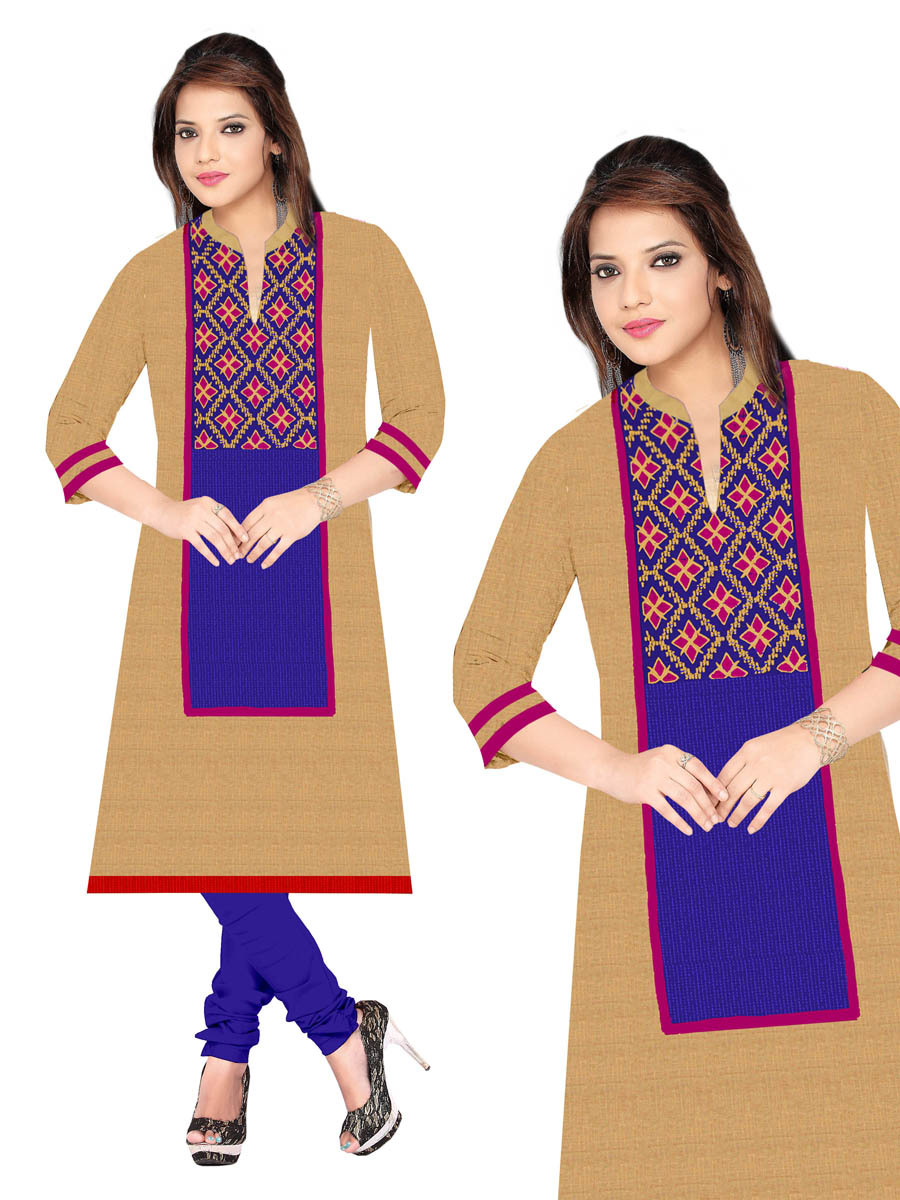 Cotton Kurti - Size Xl/xxl, Biscuit Color With Multi Embroidered Geometric Design Motifs, Long Sleeves For Casual And Formal Wear