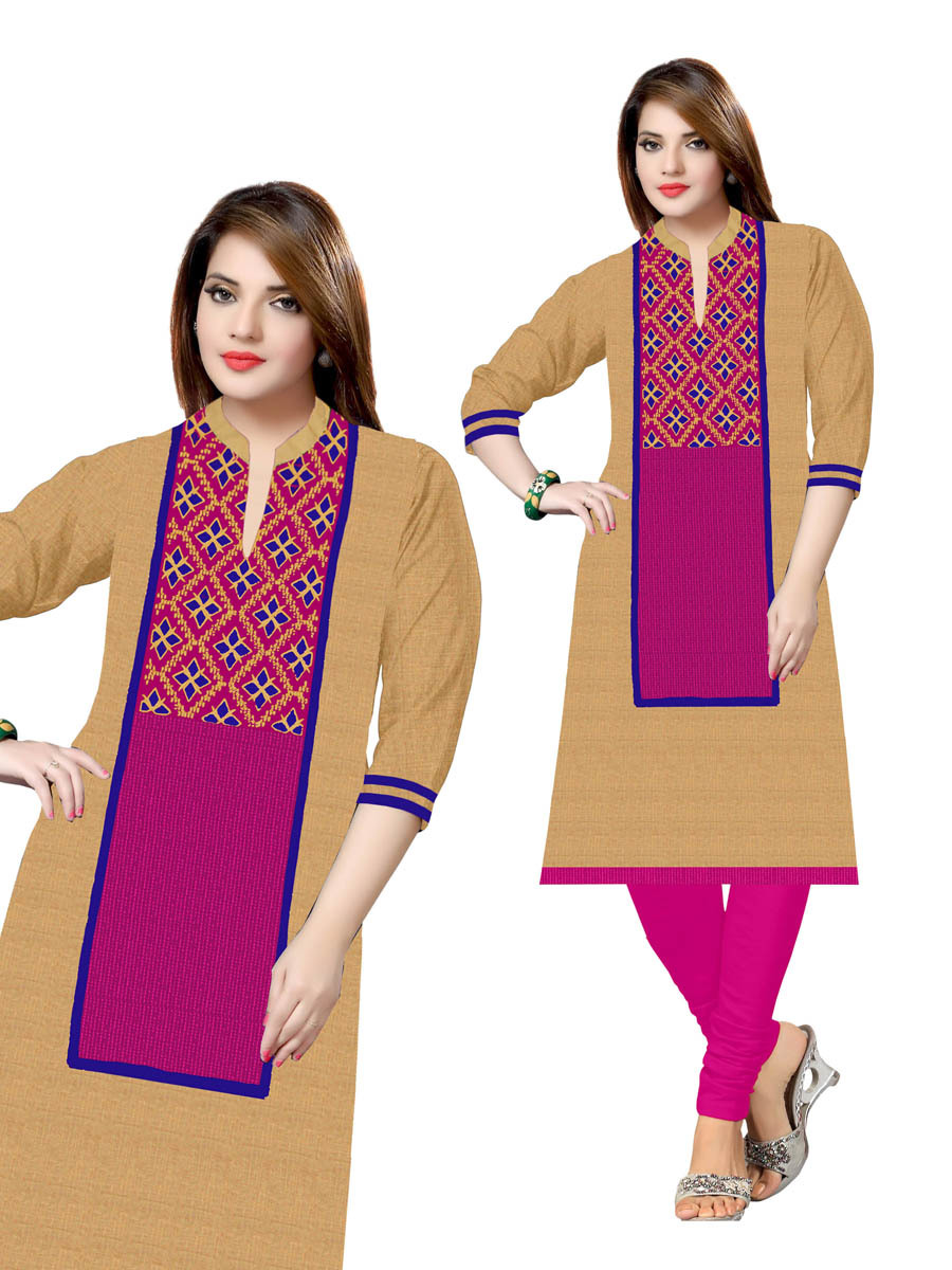 Cotton Kurti - Size Xl/xxl, Biscuit Color With Multi Embroidered Geometric Design Motifs, Long Sleeves For Casual And Formal Wear