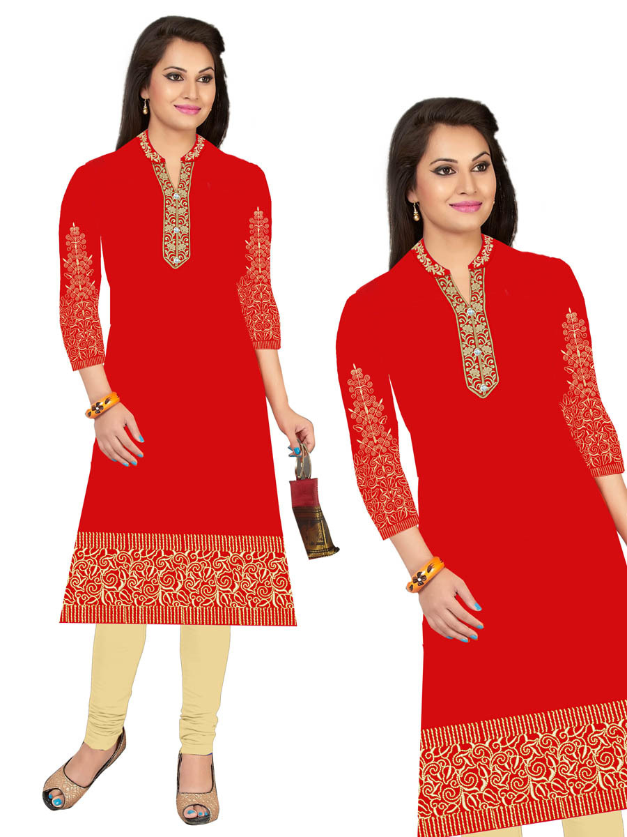 Rayon Kurti - Heavy Rayon, Xl-xxl Sizes, Rich Red Color | Embroidered Floral Design, Long Sleeves, Modern Collar With Diamond Button