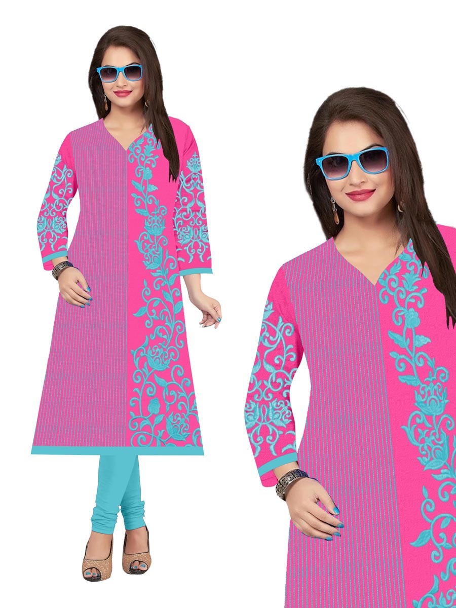 Silk Kurti - Modal Silk, Size Xl/xxl | Rich Blue With Pink Embroidery, Long Sleeves, Modern Casual And Party Wear