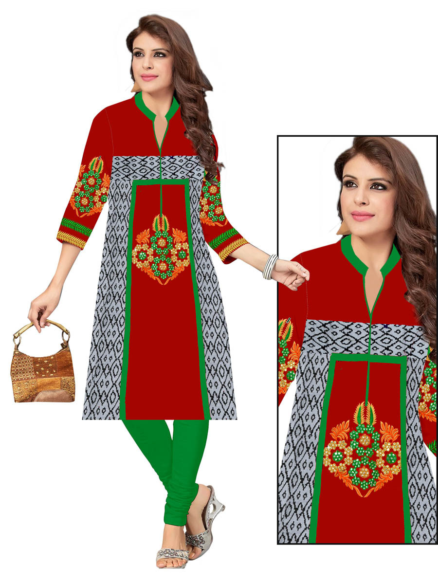 Rayon Kurti - Xl, Xxl | Rich Red With Multicolor Embroidery, Elegant Full Sleeves, V-shaped Green Collar, Casual & Party Wear