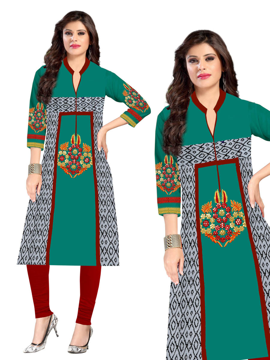 Rayon Kurti - Xl, Xxl | Rich Red With Multicolor Embroidery, Elegant Full Sleeves, V-shaped Green Collar, Casual & Party Wear