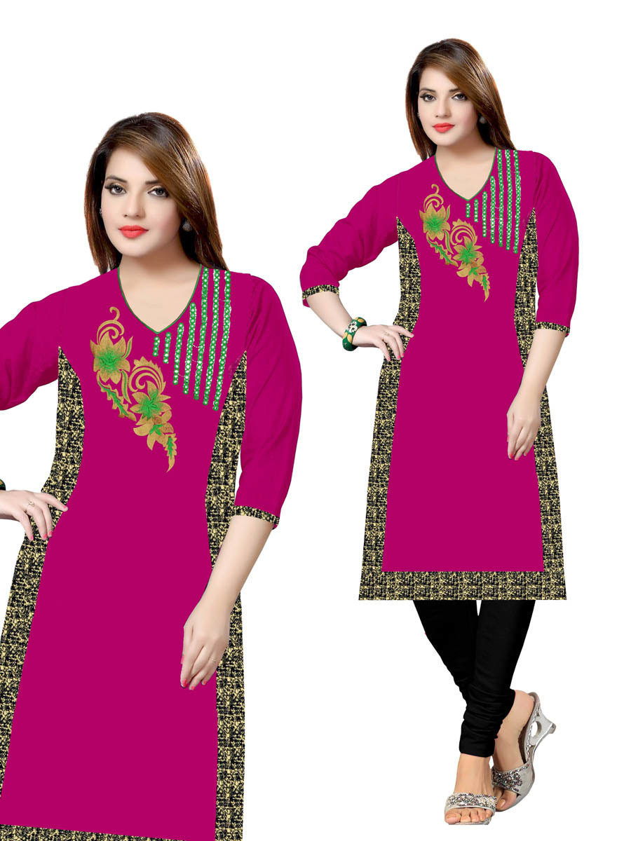 Cotton Kurti - Cotton Fabric, Size Xl/xxl | Rich Blue And Orange Color, Embroidered Flower Motifs, Full Sleeves, V Shape Neck, Modern Style