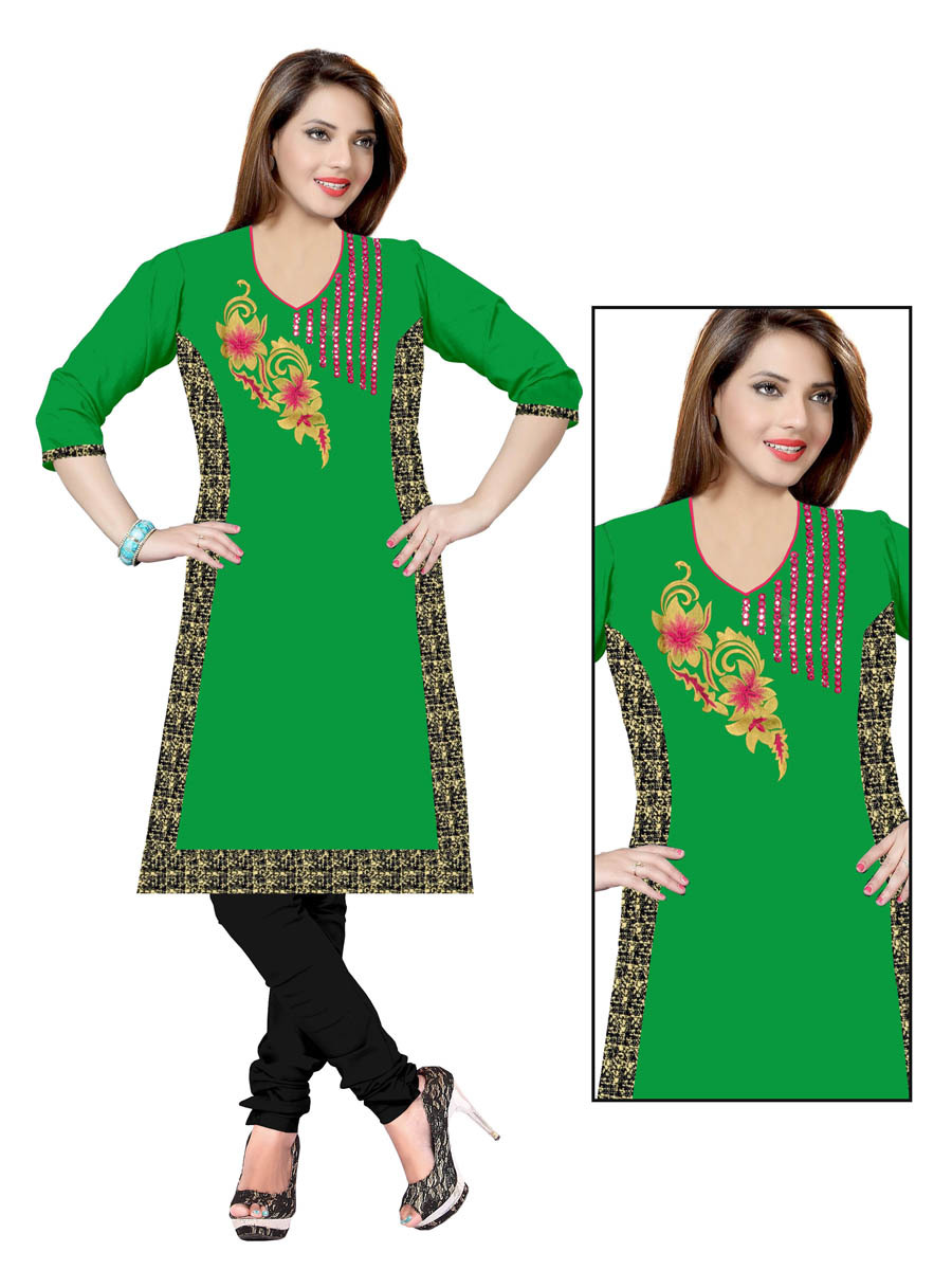 Cotton Kurti - Cotton Fabric, Size Xl/xxl | Rich Blue And Orange Color, Embroidered Flower Motifs, Full Sleeves, V Shape Neck, Modern Style