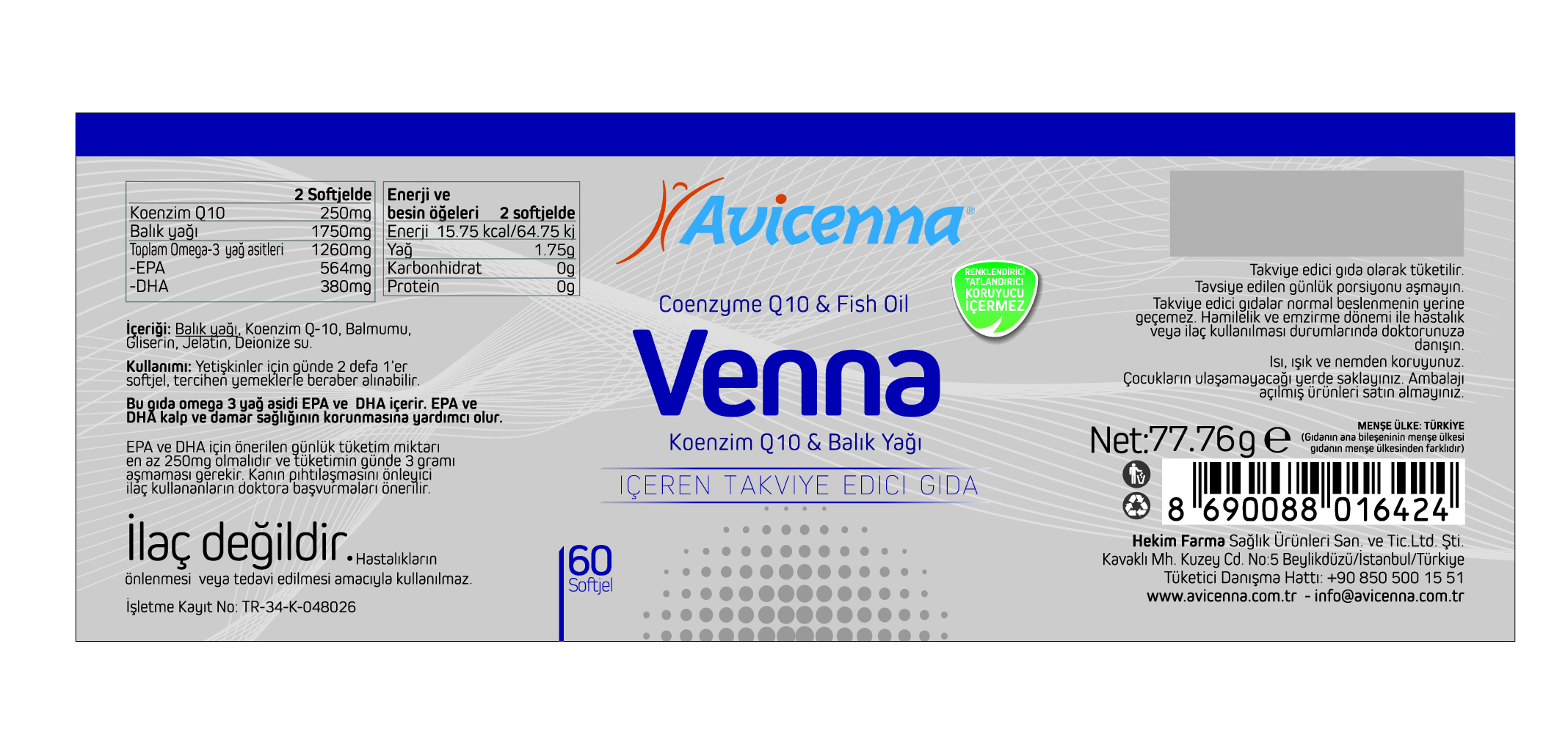 Venna Softgel - Coenzyme Q10 250mg, Fish Oil 1750mg, Total Omega-3 Fatty Acids 1260mg | Promotes Cardiovascular Health, Supports Energy Production, Antioxidant Protection, Aids Healthy Aging