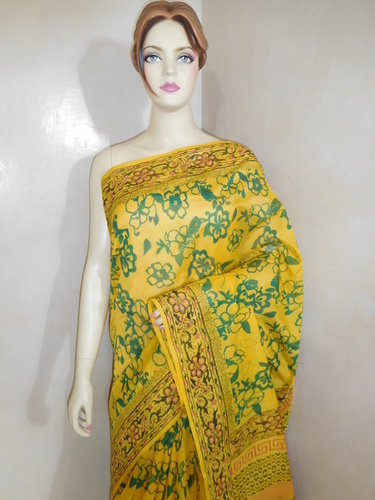 Yellow Chanderi Silk Block Printed Saree