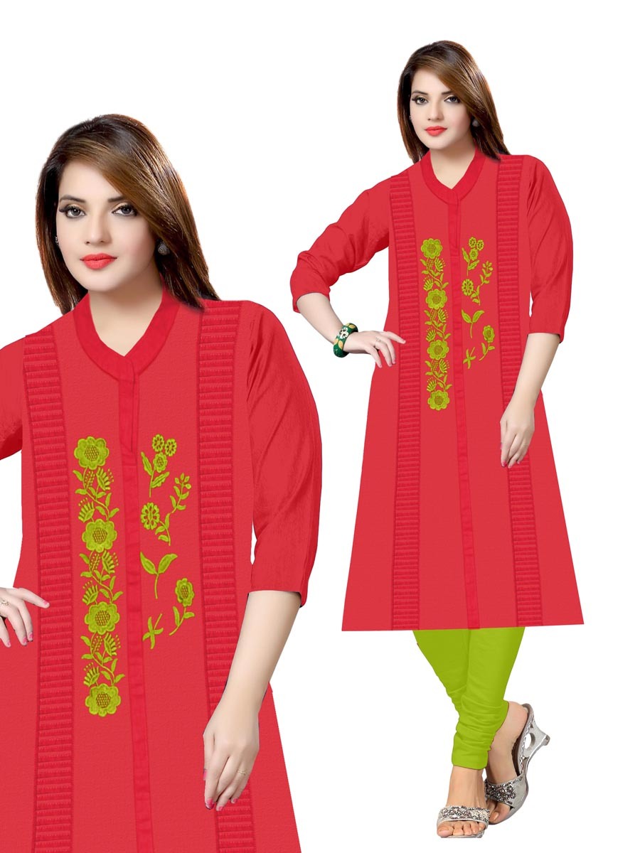 Cotton Kurti - Cotton Slub, Size Xl/xxl | Rich Red Color, Multicolor Floral Embroidery, Long Sleeves, Modern Casual & Party Wear For Girls