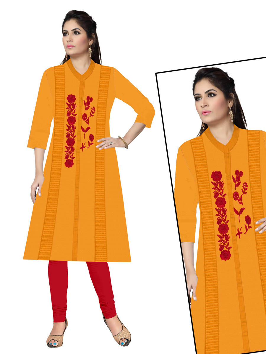 Cotton Kurti - Cotton Slub, Size Xl/xxl | Rich Red Color, Multicolor Floral Embroidery, Long Sleeves, Modern Casual & Party Wear For Girls