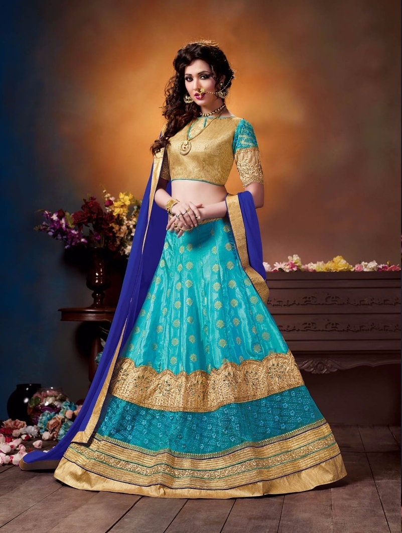 Wedding Lehenga - Chinon Butta With Satin Inner, Semi-stitched Customized Up To 42" | Traditional Embroidered Style With Brocade Blouse And Nazneen Dupatta
