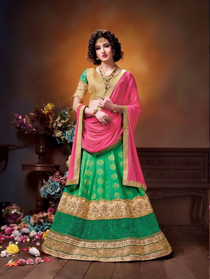 Wedding Lehenga - Chinon Butta With Satin Inner, Semi-stitched Customized Up To 42" | Traditional Embroidered Style With Brocade Blouse And Nazneen Dupatta