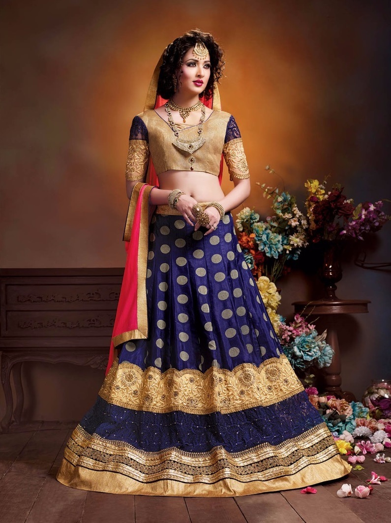 Wedding Lehenga - Chinon Butta With Satin Inner, Semi-stitched Customized Up To 42" | Traditional Embroidered Style With Brocade Blouse And Nazneen Dupatta