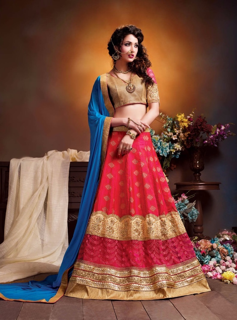 Wedding Lehenga - Chinon Butta With Satin Inner, Semi-stitched Customized Up To 42" | Traditional Embroidered Style With Brocade Blouse And Nazneen Dupatta