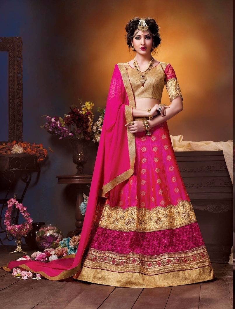 Wedding Lehenga - Chinon Butta With Satin Inner, Semi-stitched Customized Up To 42" | Traditional Embroidered Style With Brocade Blouse And Nazneen Dupatta