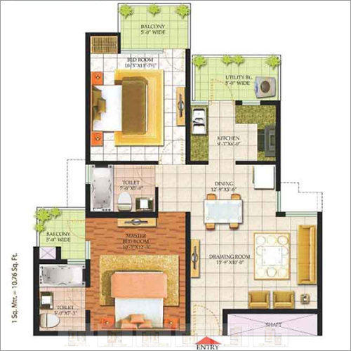 2 BHK + 2 टॉयलेट + 2 बालकनी