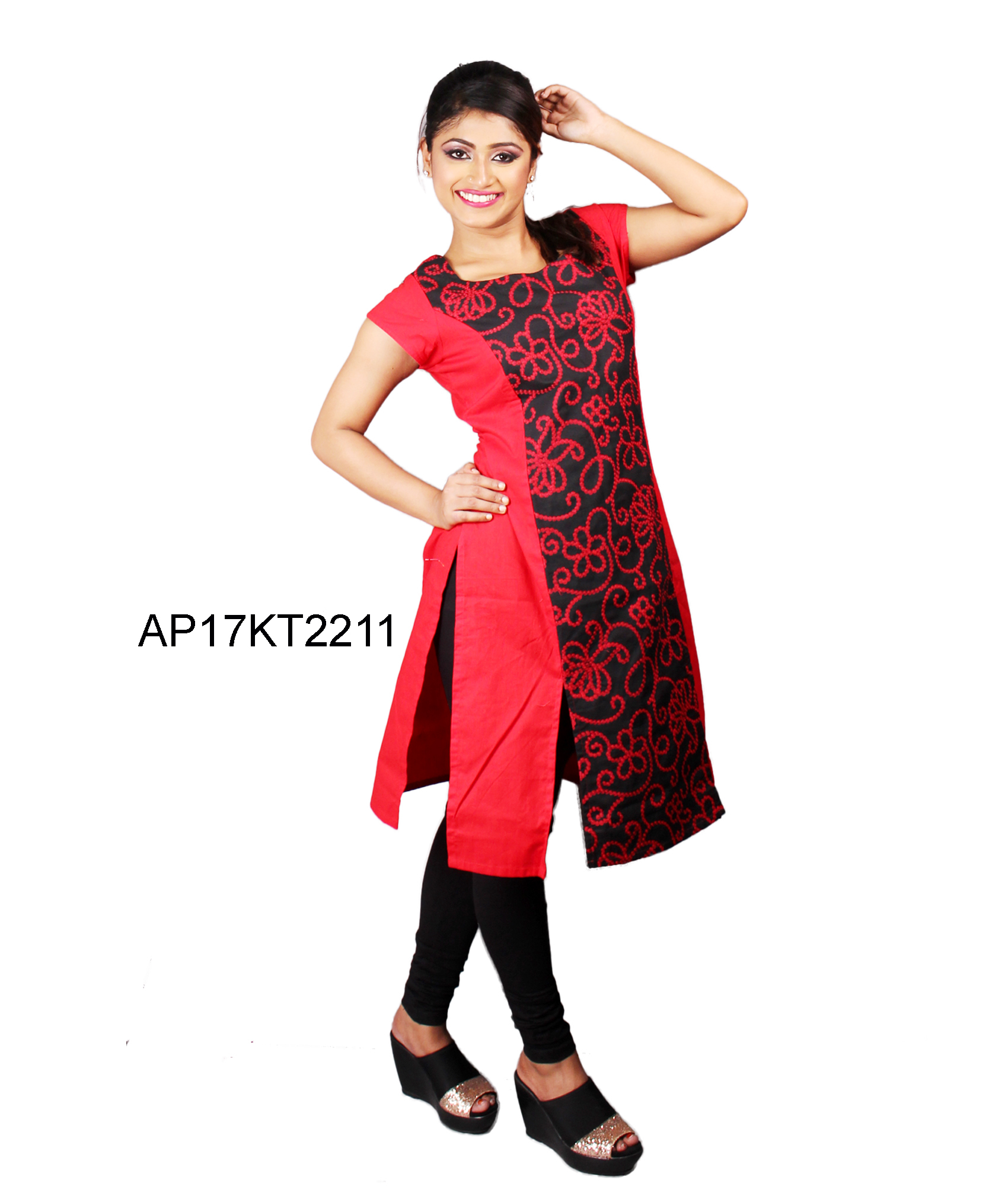 Printed Georgette Kurti - Georgette, Knee-length, Red | Floral Print, Square Neck, Short Sleeves, Comfortable Fit