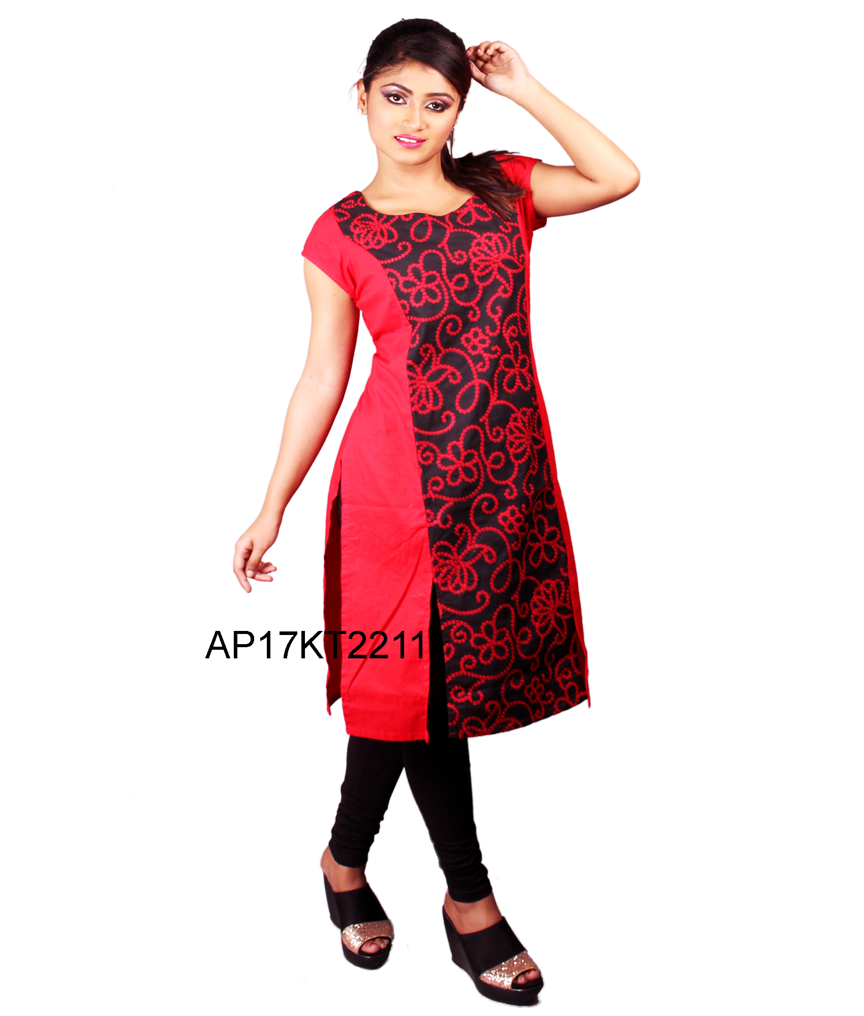 Printed Georgette Kurti - Georgette, Knee-length, Red | Floral Print, Square Neck, Short Sleeves, Comfortable Fit