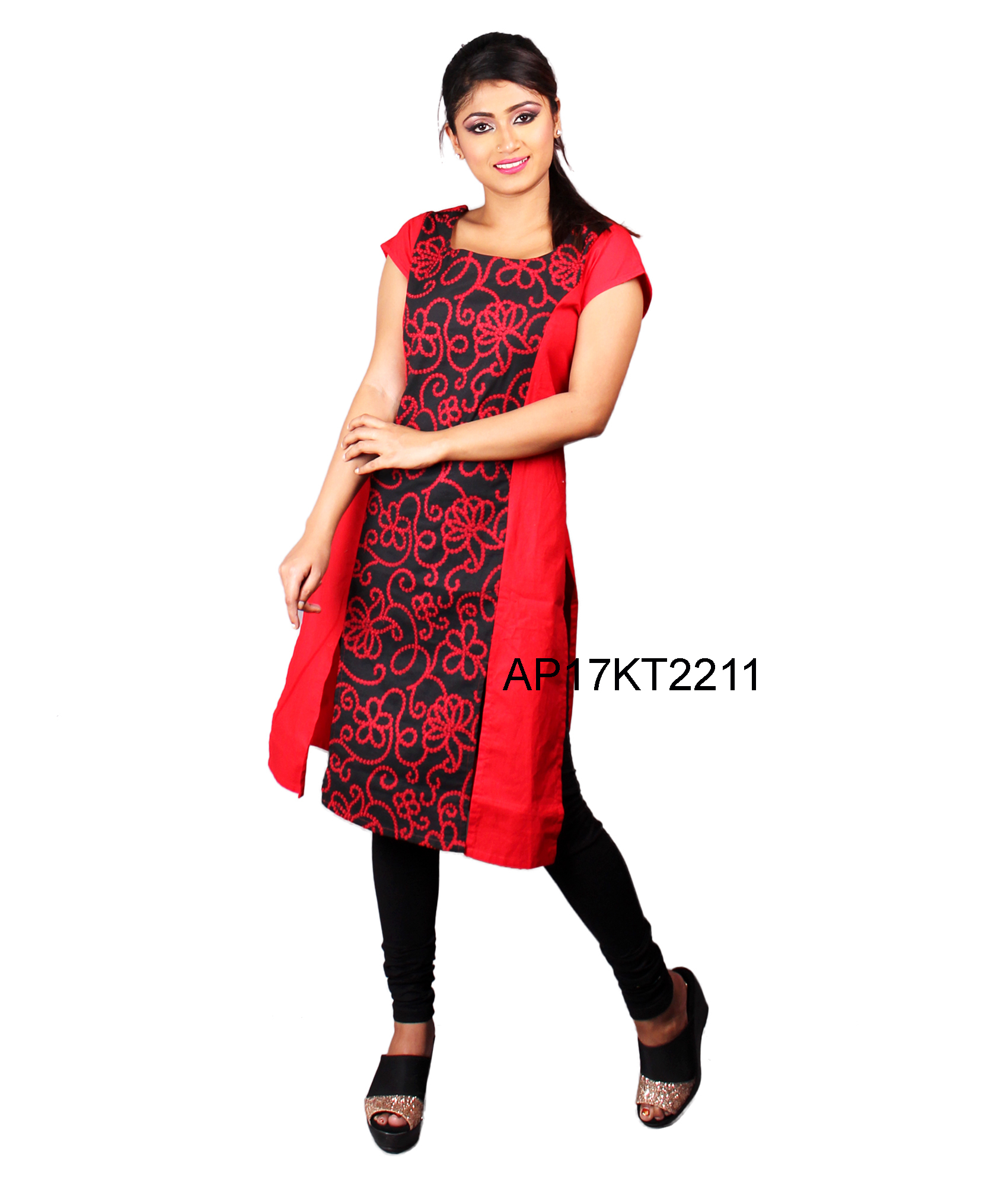 Printed Georgette Kurti - Georgette, Knee-length, Red | Floral Print, Square Neck, Short Sleeves, Comfortable Fit