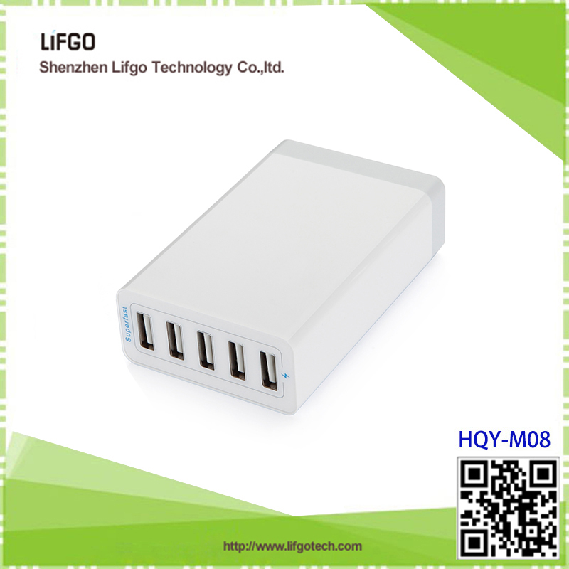 Multi Usb Charger - Black, 5 Ports 40w Qc2.0, 100-240v Ac, Qualcomm Certified, Ul Safety