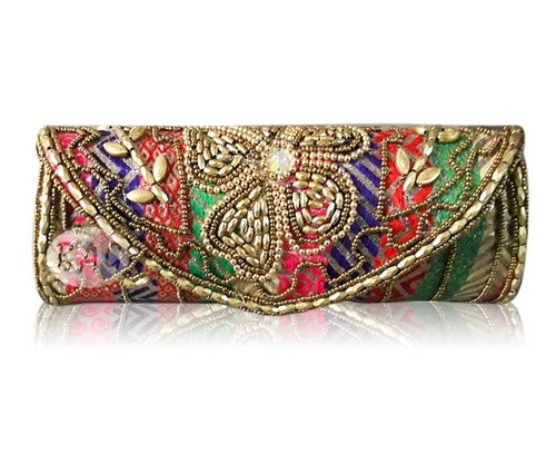 Beaded Clutch Bag - Silk Brocade, 9.5x4.5 Inch, Multi Color Elegance and Style