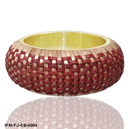 Cardinal Weft - Hand Woven Cane Bangle, Red Chilli Pepper Color with Golden Brass Liner and Polyurethane Coating, 35mm Width and 66mm Inner Diameter for Women