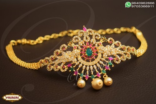Fancy Baju Bandh - Gold Armlets with 3.5mm Thickness | Golden Color, Pearl and Quartz Inlay, Perfect for Gifts and Parties