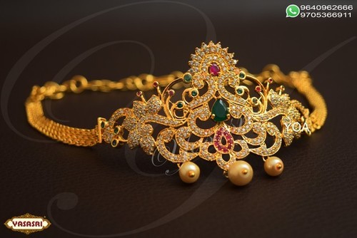 Fancy Baju Bandh - Gold Armlet with Pearl & Quartz Accents | Golden Color, 3.5 mm Thickness, 50-100 g Weight, Ideal for Parties & Gifting