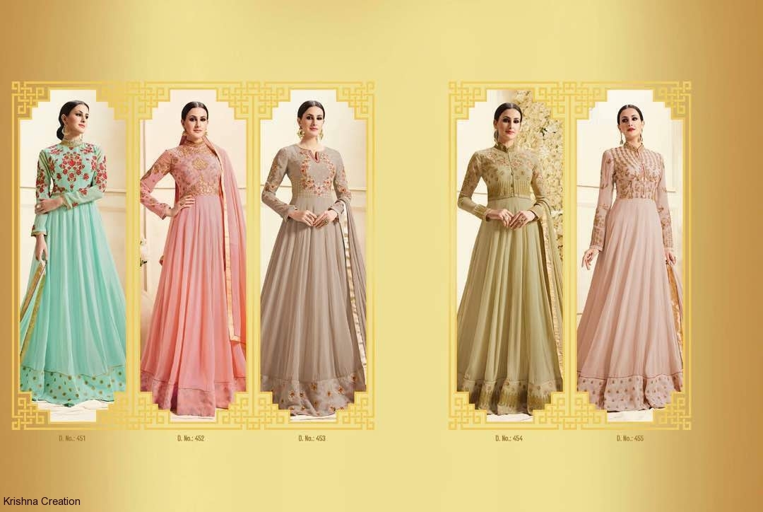Kali 451-455 Series Salwar Suit - Georgette Top With Embroidery, Santoon Bottom, Nazneen Dupatta With Lace Border, 5 Elegant Designs