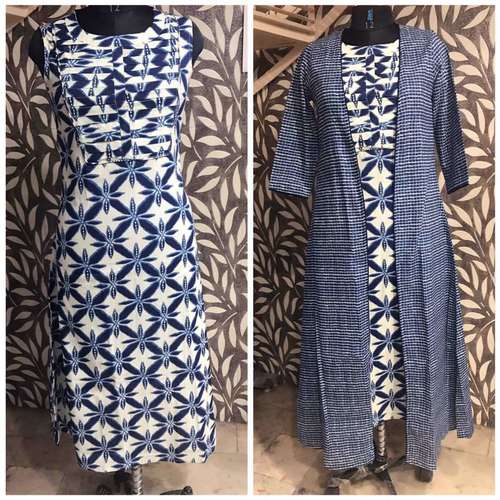 इंडिगो प्रिंट श्रग कुर्ती