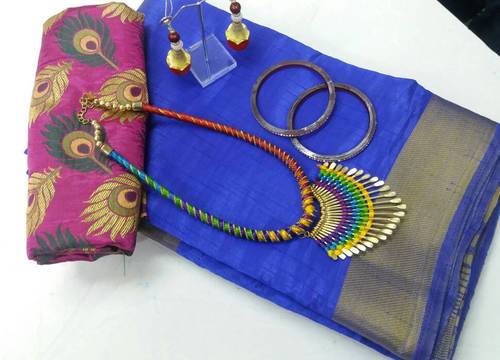 Blue Cotton Plain Sarees