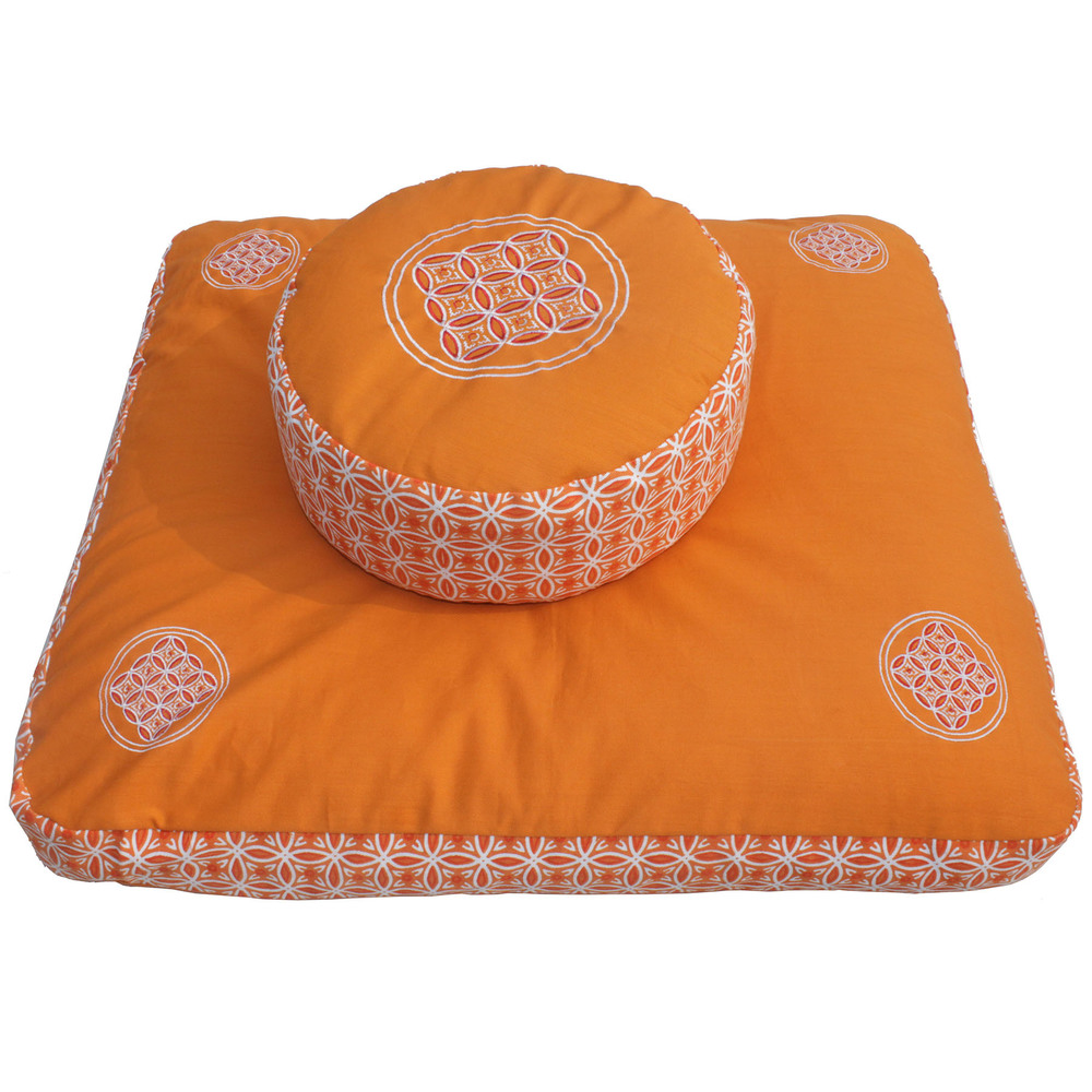 Meditation Cushion Set - Kapok & Buckwheat Filling, 36x15 Cm Zafu & 80x70x7 Cm Zabuton | Saffron Color, Cotton Twill, Washable, Removable Covers