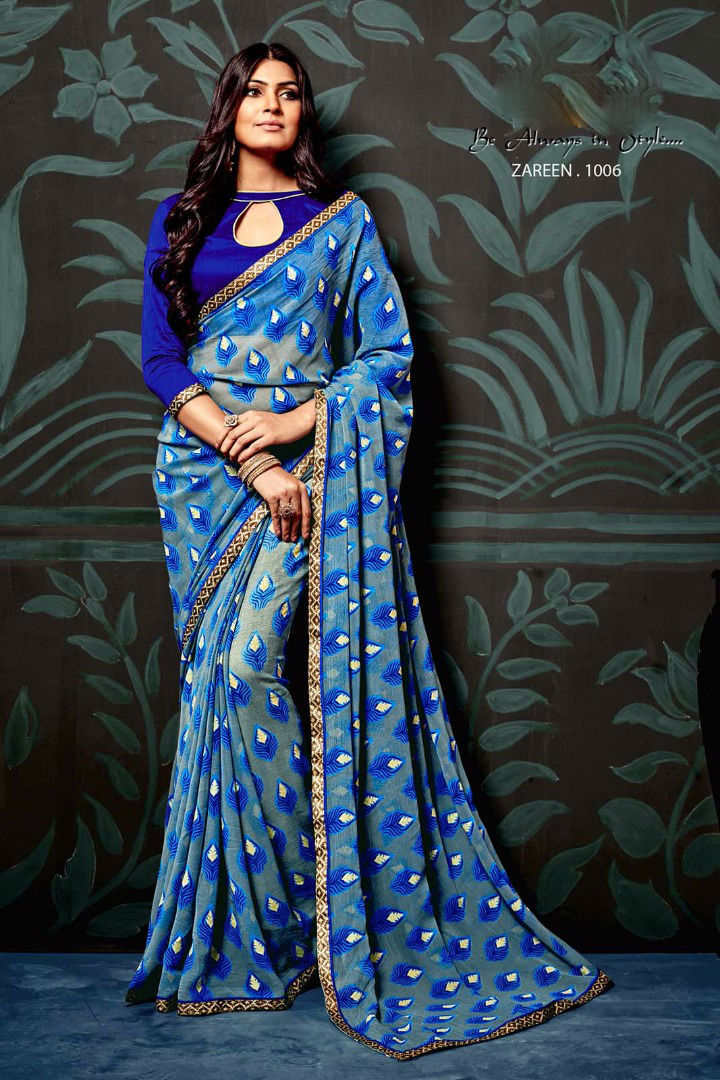 Printed Chiffon Sarees - Chiffon Fabric, Customized Size Up To 42" | Unstitched Banglori Silk Blouse, Elegant Lace Border Work