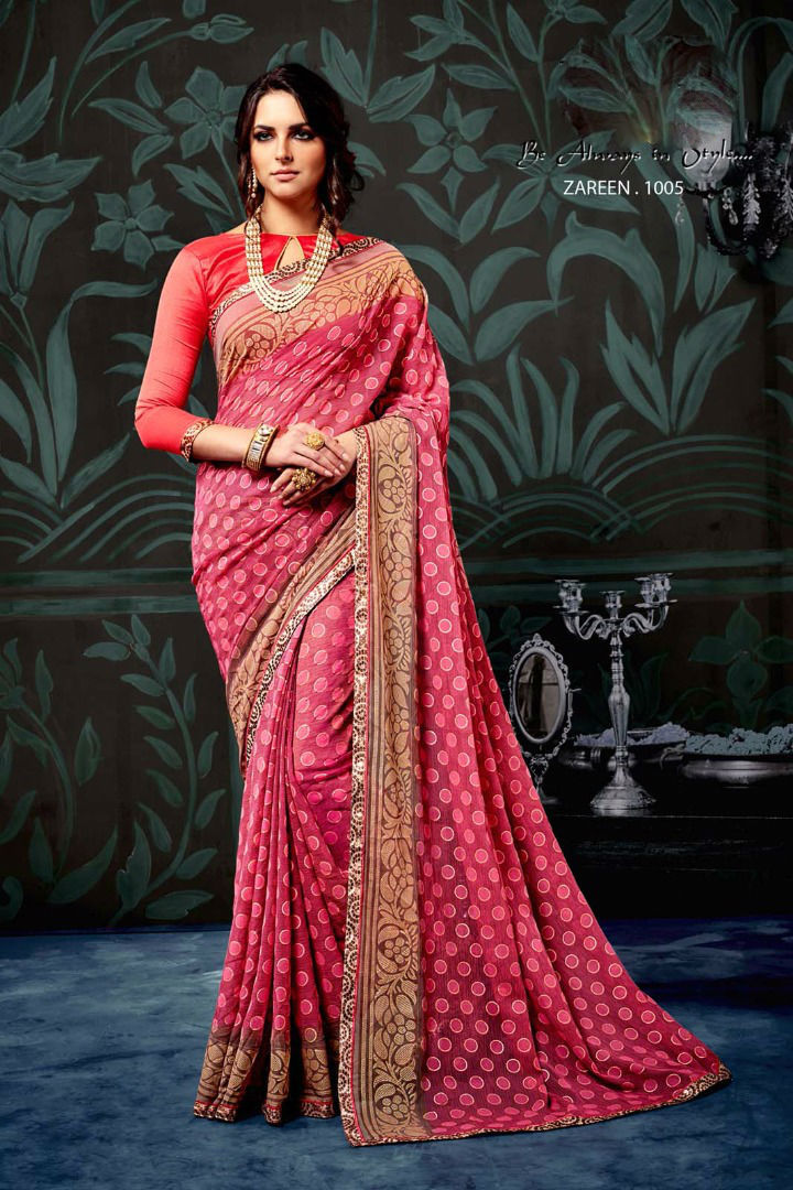 Printed Chiffon Sarees - Chiffon Fabric, Customized Size Up To 42" | Unstitched Banglori Silk Blouse, Elegant Lace Border Work