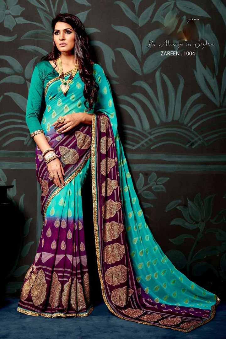 Printed Chiffon Sarees - Chiffon Fabric, Customized Size Up To 42" | Unstitched Banglori Silk Blouse, Elegant Lace Border Work