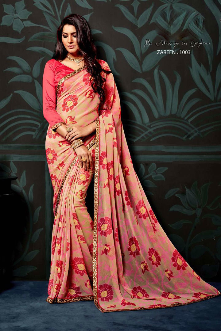 Printed Chiffon Sarees - Chiffon Fabric, Customized Size Up To 42" | Unstitched Banglori Silk Blouse, Elegant Lace Border Work